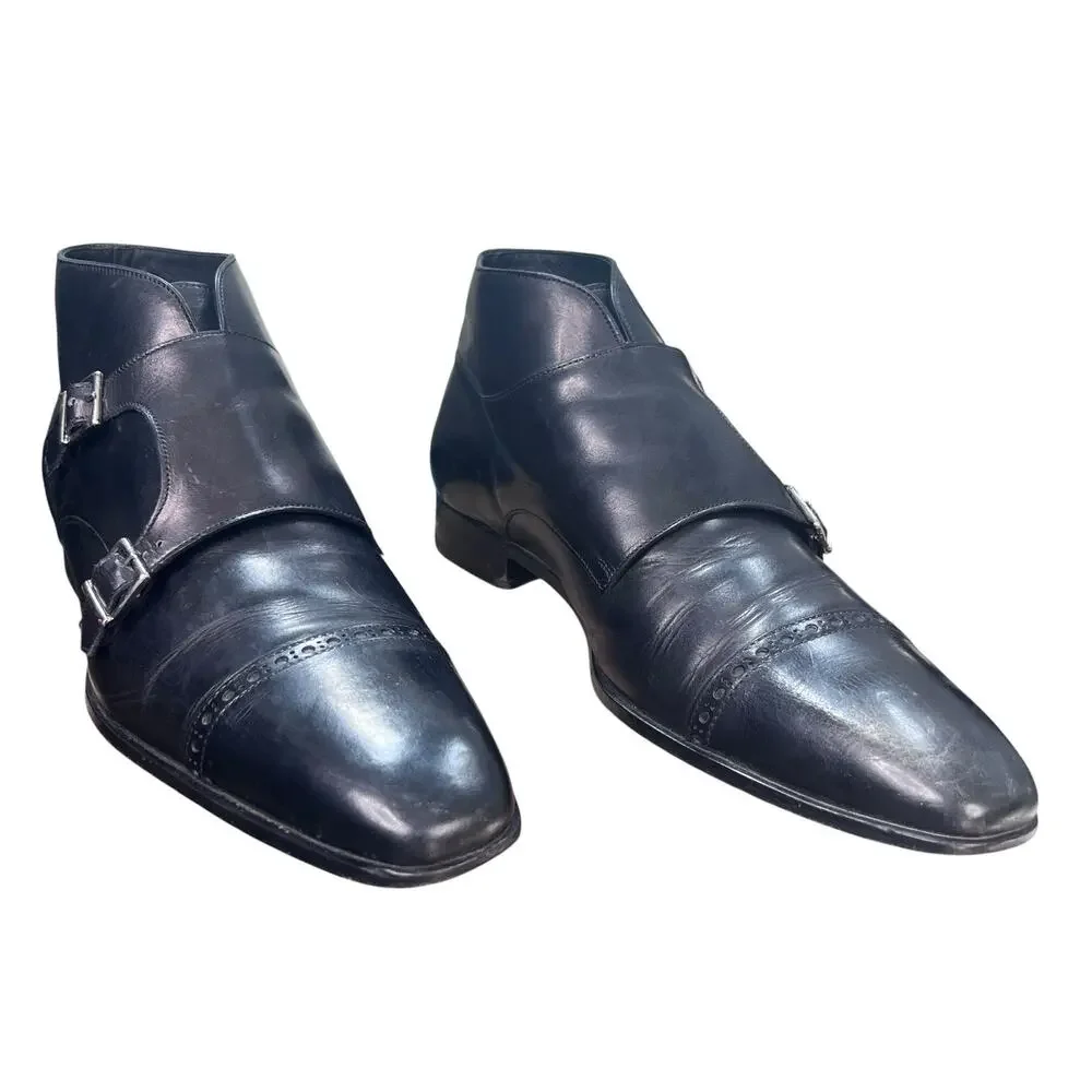 Paul Evans The Heston Double Monk Strap Italy Black Leather Boots Size 12 US 13